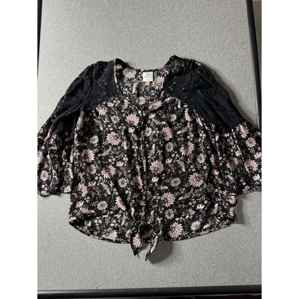 Knox Rose Top Womens XXL Black Pink Floral Lace Bell Sleeve Boho Tie Front